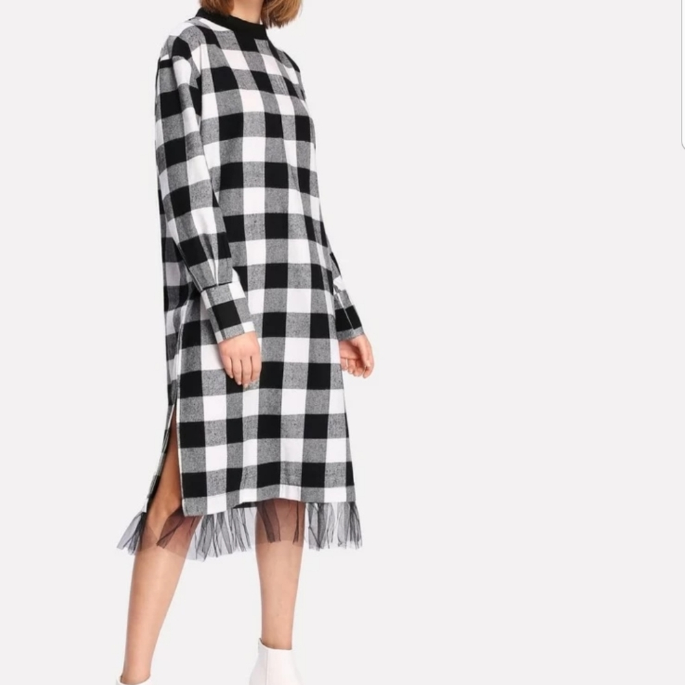 Stand Collar Casual Black and white dress